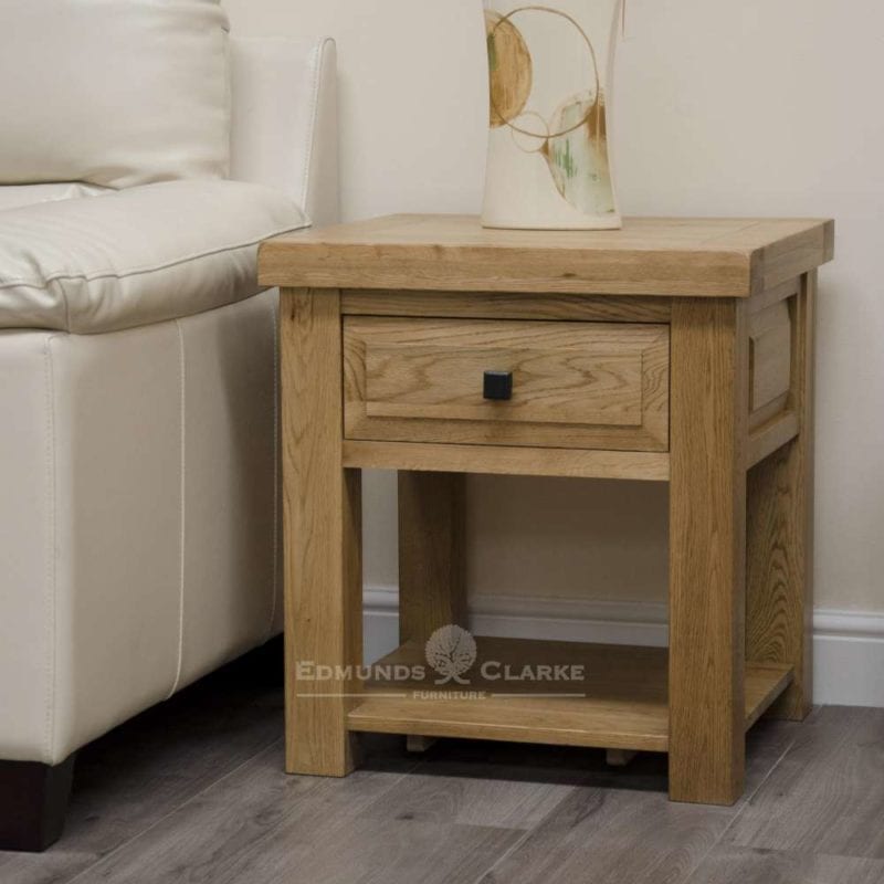 Melford solid oak lamp table deluxe chunky rustic solid oak with one drawer and bottom shelf below choice of knobs DLXLT