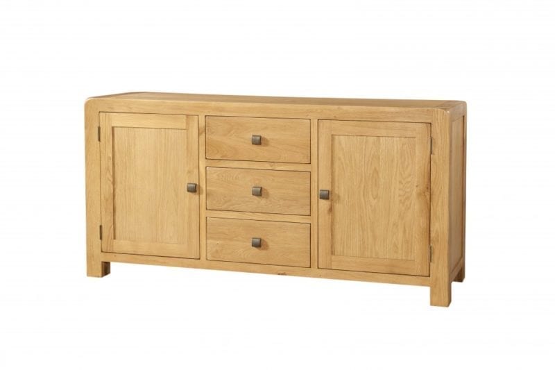 Avon oak large 3 drawer sideboard .Quirky Waxed Oak with smooth edges. 3 long drawers in centre with square rustic knobs . DAV001