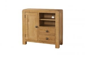 Avon oak media unit sideboard. Contemporary and Quirky Waxed Oak with smooth edges. with 1 door, two drawers with square rustic knobs and 1 shelf. DAV006