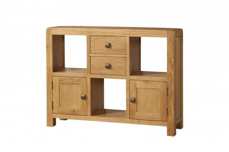 The Avon Oak Low Display Unit With Doors & Drawers Contemporary and Quirky Waxed Oak with smooth edges with square rustic knobs , 3 square spaces for ornaments and DAV08