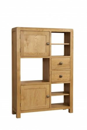 Avon Oak high display unit with doors & drawers.Contemporary and Quirky Waxed Oak with smooth edges. with square rustic knobs and square space for ornaments. DAV09