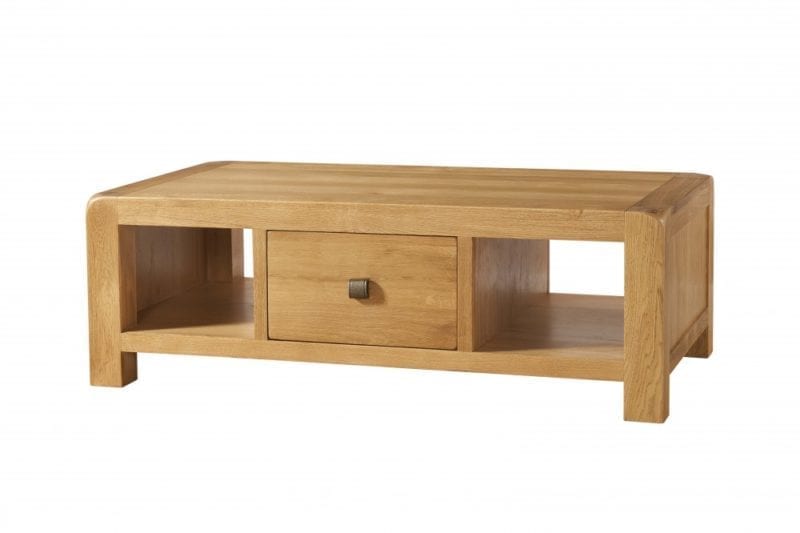 Avon oak large coffee table with drawer. Contemporary and Quirky Waxed Oak with smooth edges. coffee table with square shelf space either side of drawer fitted with square rustic knobs that pulls out from both sides. DAV12