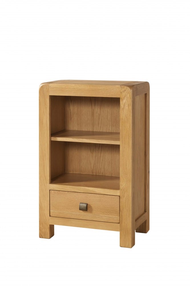 Avon oak low 1 drawer bookcase Contemporary and Quirky Waxed Oak with smooth edges. square rustic knobs . DAV019