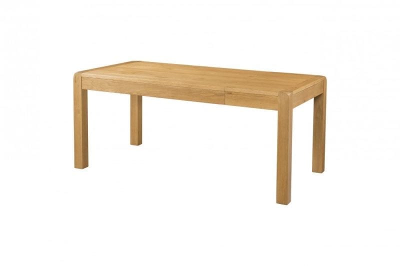 DAV026 Oak 140cm end extension dining table, medium waxed oak with rounded edges and chunky legs. extension leaf stores under table