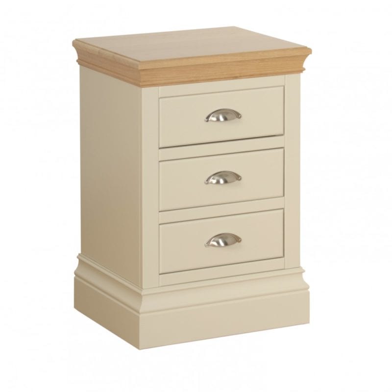 lundy painted 3 drawer bedside chest, solid chunky moulded oak top, painted deep chunky moulded plinth various colours and handle options available LB30