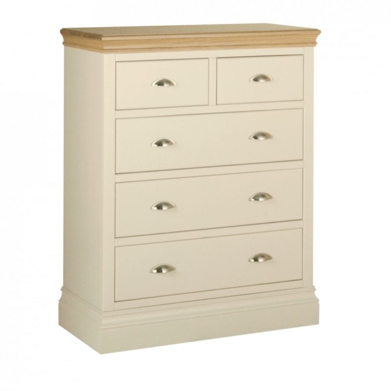 lundy painted 3 + 2 drawer chest , with 2 small drawers at the top with 3 large drawers under. solid chunky moulded oak top, painted deep chunky moulded plinth various colours and handle options available LC70