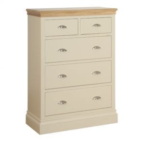 Lundy Painted 3 + 2 Drawer Jumper Chest. 2 2 small drawers at the top with 3 large drawers under, perfect for jumpers. solid chunky moulded oak top, painted deep chunky moulded plinth various colours and handle options available LC75