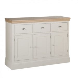 Lundy Painted 3 Drawer Sideboard, three drawer sideboard with chrome cup handles. solid chunky moulded oak top, painted deep chunky moulded plinth various colours and handle options available LS40