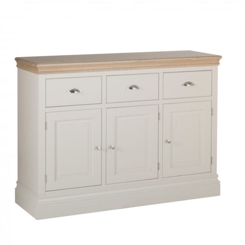 Lundy Painted 3 Drawer Sideboard, three drawer sideboard with chrome cup handles. solid chunky moulded oak top, painted deep chunky moulded plinth various colours and handle options available LS40