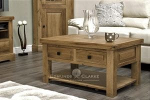deluxe chunky rustic solid oak 3 x 2 coffee table with two drawer that can be pulled out from either side choice of knobs DLX3X2CT