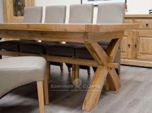 Melford solid oak super X leg extending dining table chunky rustic solid oak 240cm Super X Leg with two 50cm leaves that store underneath will sit 8 to 14 people comfortably DLXSUPXLEG