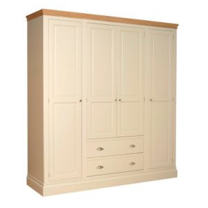 Lundy Painted Quad Wardrobe 4 doors 2 drawers chrome cup handles on drawers and chrome trumpet knobs on doors, shelves and mirrors available. Picture showing colour truffle, other colours available LW90