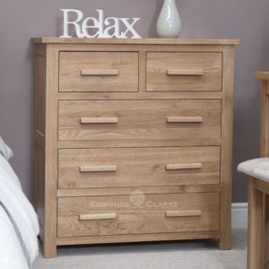 Bury Solid Oak 5 drawer chest. 2 small drawers with 3 large drawers under. light lacquered oak with choice of bar handles
