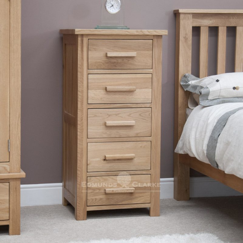 Bury Solid Oak 5 Drawer Tall Wellington Chest. light lacquer oak with choice of bar handles