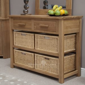 Bury solid oak Bury oak console table with baskets, 4 large baskets and 2 drawers, choiuce of handles either chrome as standard or oak bar handle as extra