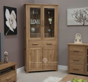 Bury Solid Oak Library Bookcase with glass doors, beveled glass doors at the top and 2 drawer cupboard below, chrome handles as standard or oak bar handles as optional extra