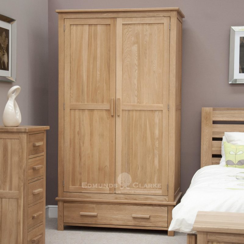 Bury Solid Oak Double Wardrobe with drawer and choice of handles. light lacquered oak