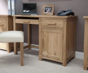 Bury solid oak home office small desk with cupboard, pull out keyboard drawer to the left and tower storage with drawer to the right, metal handles or wood handles available