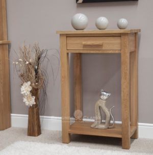 Bury Solid Oak Small Console Hall Table. one drawer with handy shelf at bottom of console table handy for baskets, chrome handles as standard. oak bar handles available as extra