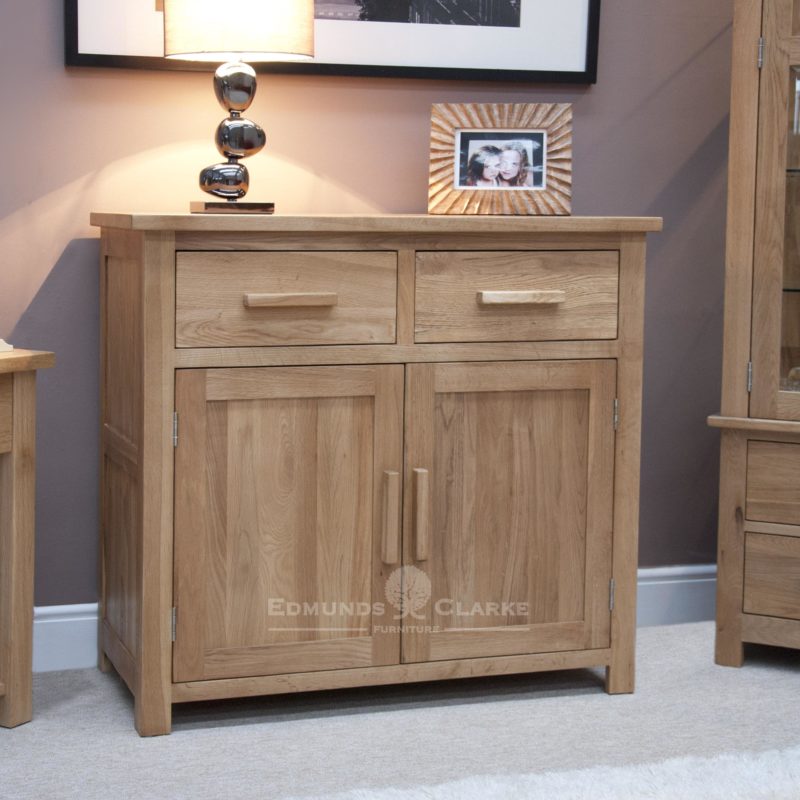 Bury Small oak Sideboard, two drawers and two cupboards underneath, chrome handles as standard oak bar handles available for extra cost. adjustable shelf