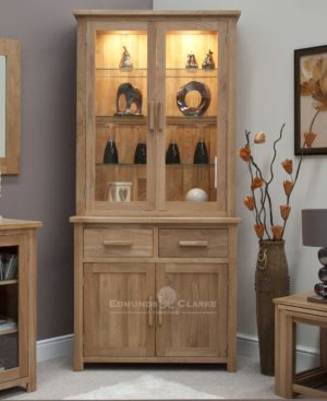 Bury Small oak dresser, 2 drawers, bevelled glass doors with adjustable shelves and cupboard underneath, chrome handles as standard or oak bar handles available as extra