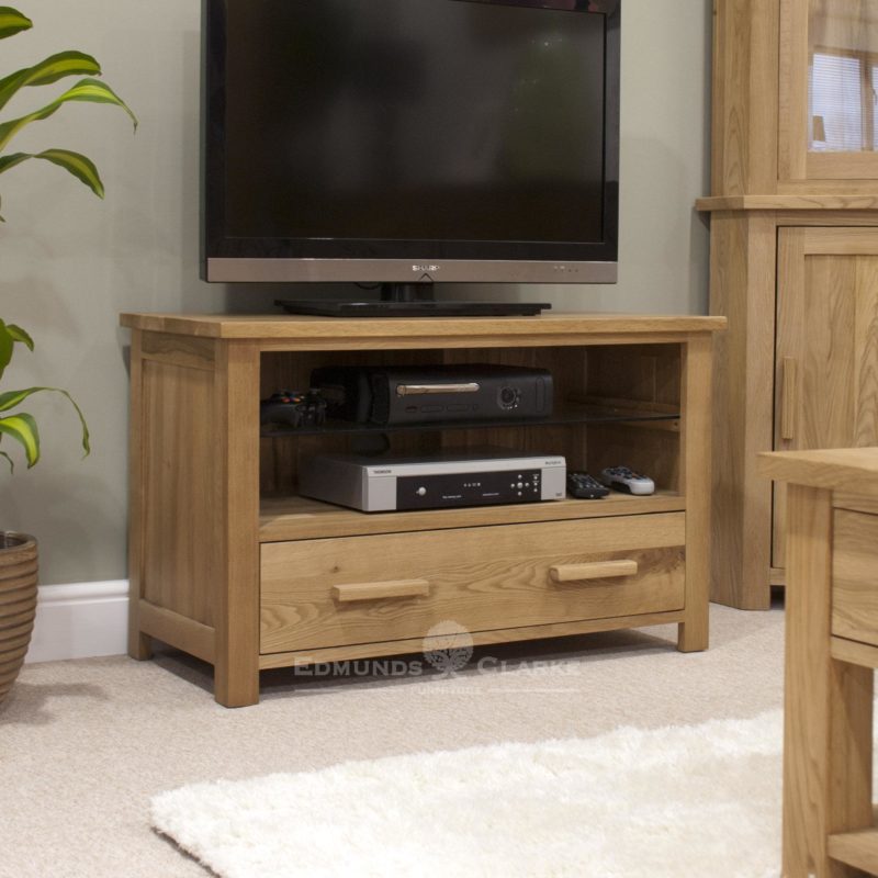 Bury Solid Oak TV cabinet. two drawers underneath with opening. chrome handle as standard. Oak bar handles optional extra