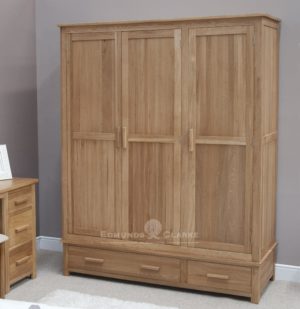 Bury Solid Oak Large Triple Wardrobe. two drawers and full hanging with choice of handles