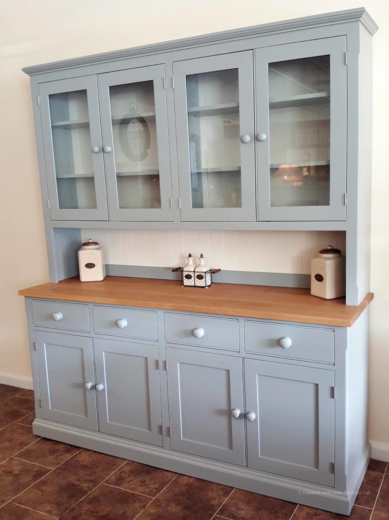 Edmunds 6'6 Painted Half Glazed Dresser. with contrasting white backboards. sideboard has square oak top with 4 drawers and 4 doors. painted knobs and all adjustable shelves. choice of handles and knobs. EDM030