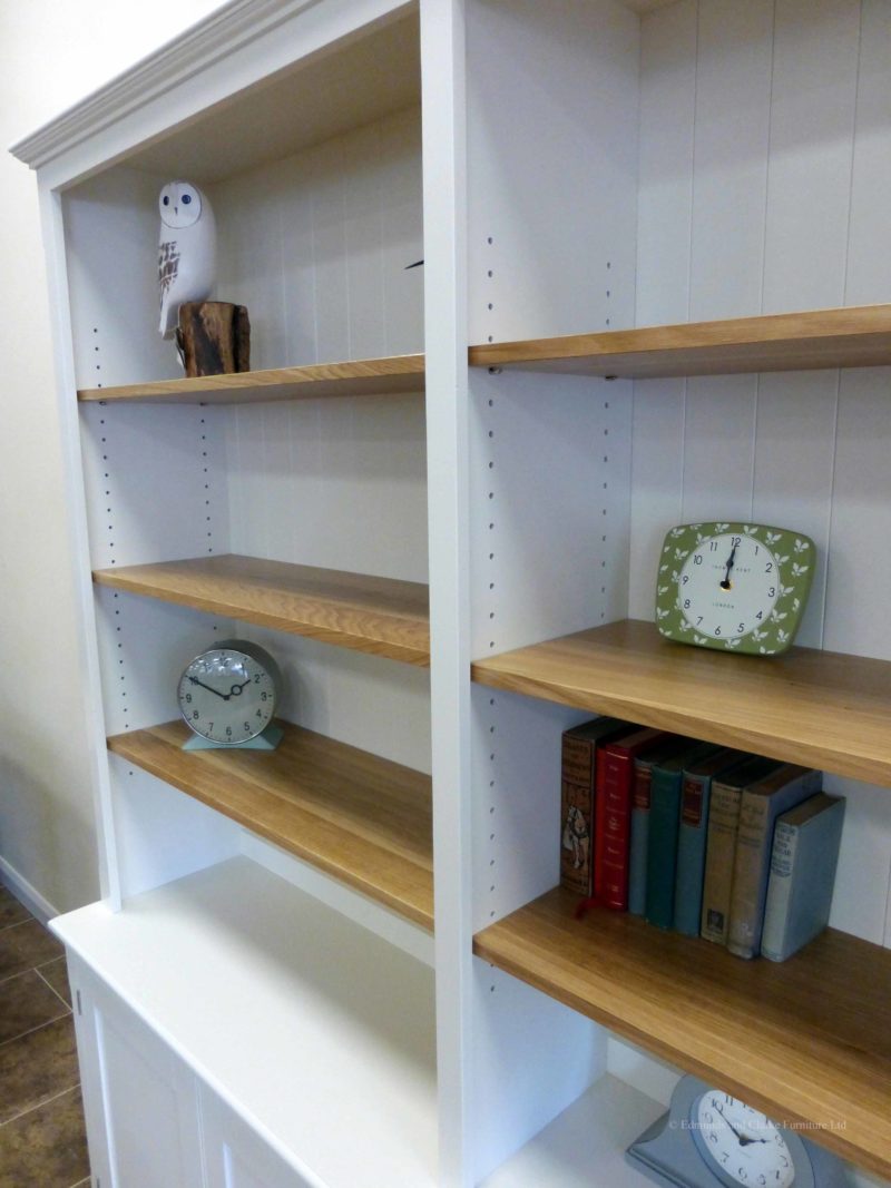 Edmunds 2 metre Painted double library bookcase, image showing close up of oak shelves. painted all over with adjustable oak shelves, cupboard under with 4 doors. adjustable shelves, choice of handles and knobs. EDM048