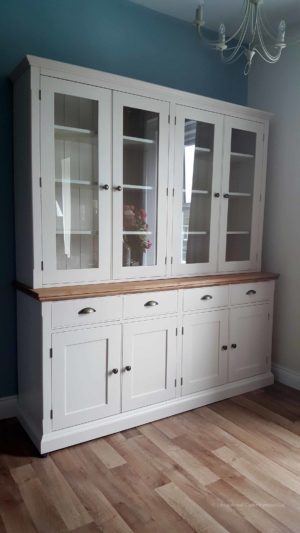 Edmunds painted 6ft Fully Glazed Dresser. Sideboard has moulded oak top, 4 drawers and 4 doors under. adjustable shelves. choice of handles. EDM06