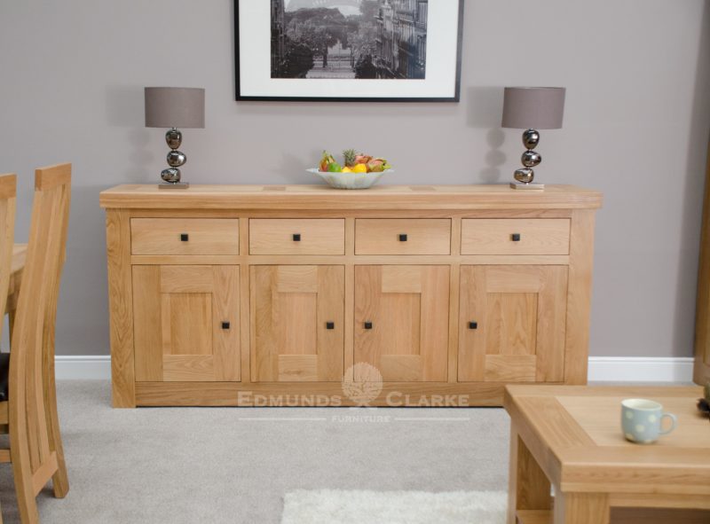Hadleigh solid oak chunky large sideboard. light lacquered oak rustic handles.