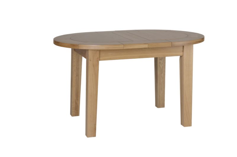 Norwich Oak Small D End Extending Dining Table. Extends from 132cm to 165cm Contemporary shaker style curved top table with extension in the middle. Seats 4. NNT01