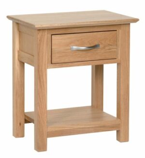 Norwich oak night stand. 1 handy drawer and shelf below.contemporary shaker style straight lines and shaped edges on tops. shaped chrome bar handle NNB25