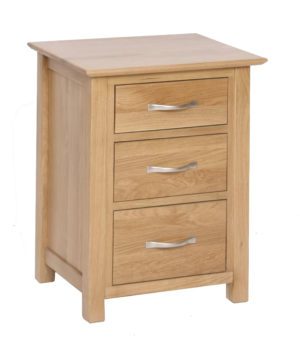 Norwich Oak 3 Drawer High Bedside chest.contemporary shaker style straight lines and shaped edges on tops. shaped chrome bar handles. 3 handy drawers NNB40