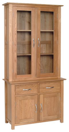 Norwich Oak 3ft Glass Top Dresser, top only. contemporary shaker style straight lines and shaped edges on tops. shaped chrome bar handles. 2 fixed shelves and glass doors. NND20