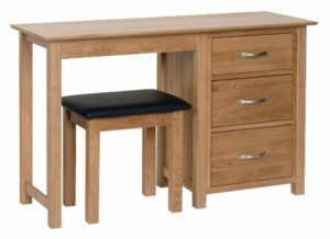 Norwich Oak Single Pedestal Dressing Table & Stool.contemporary shaker style straight lines and shaped edges on tops. shaped chrome bar handles. 3 handy drawers NND25