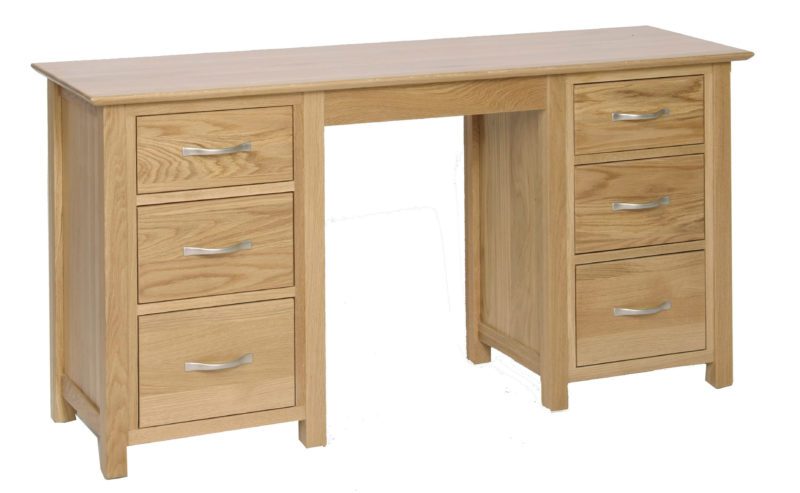 Norwich Oak Double Pedestal Dressing Table. contemporary straight lines and shaped edges on tops. 6 drawers in total (3 either side) with contemporary chrome bar handles,gap in the middle for stool or chair NND35