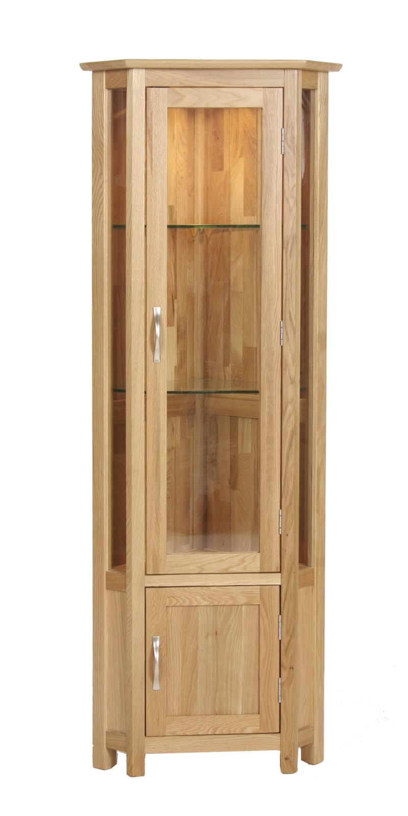 Norwich Oak Glass Corner Display Cabinet. contemporary shaker style straight lines and shaped edges on tops. shaped chrome bar handles.Glass shelves are adjustable. 1 handy door under with adjustable shelf. NNG45