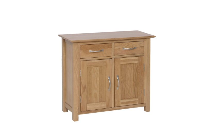 Norwich Oak Small Sideboard. Contemporary shaker style with clean lines. moulded top. chrome shaped bar handle. 1 adjustable shelf and two handy drawers above. NNS15