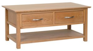 Norwich oak coffee table 2 drawers.contemporary shaker style straight lines and shaped edges on tops. 2 handy drawers and shelf at the bottom NNT16
