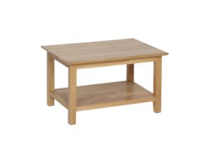 Norwich oak medium Coffee Table. 76cm contemporary shaker style straight lines and shaped edges on tops. handy shelf at the bottom NNT17