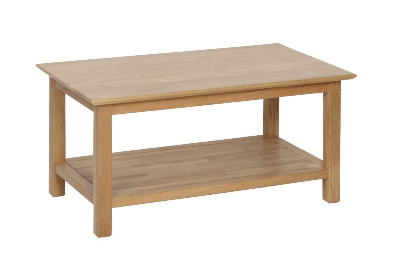Norwich oak Coffee Table. 92cm contemporary shaker style straight lines and shaped edges on tops. handy shelf at the bottom NNT18