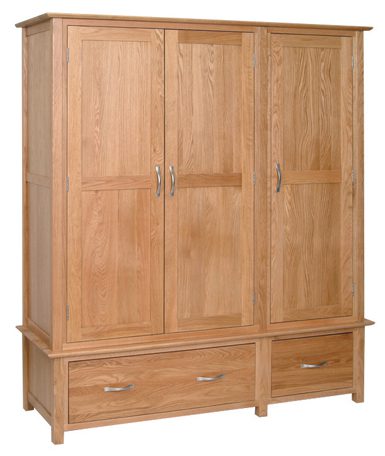 Norwich Oak Triple Oak Triple Wardrobe 2 drawer. contemporary shaker style straight lines and shaped edges on tops. shaped chrome bar handles. 3 doors and 2 handy drawers at the bottom NNW50