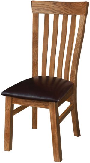 Sudbury Oak Toulouse Chair. Rustic Oak shaker style with vertical slats in centre of back. faux leather dark brown pad. SRUS099