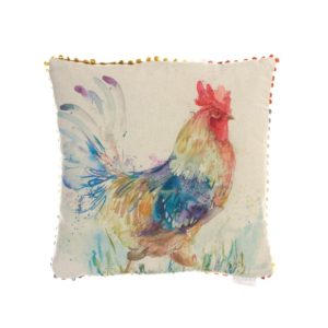 Voyage Cushions C160039 strutting cockerel. Colourful watercolour print on a linen background square cushion with edging