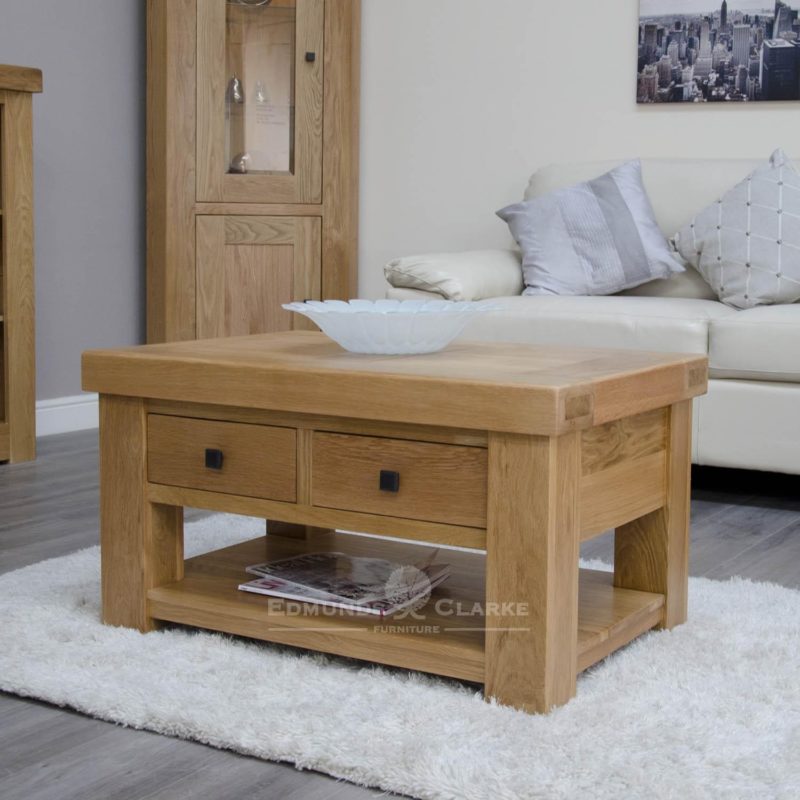 Hadleigh solid oak coffee table with drawers. chunky shaker style oak. two handy drawers and shelf at bottom. choice of handles