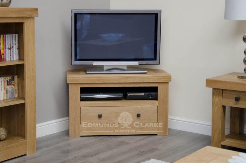 Hadleigh Solid Oak Corner TV unit. chunky shaker style. 1 handy shelf and drawer under. choice of handles.