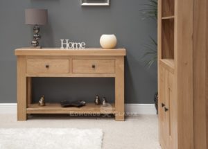 Hadleigh Solid Oak Console Table. Chunky shaker style oak. two handy drawers and shelf at bottom