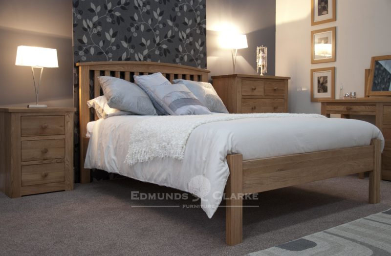 Bury Solid oak double bed - arched headboard. vertical slats on headboard with slight curve capping