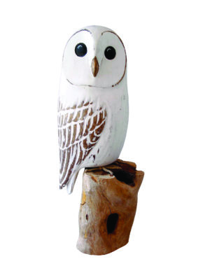 Archipelago Barn Owl Wood Carving D154 white barn owl perched on a log. Fair trade